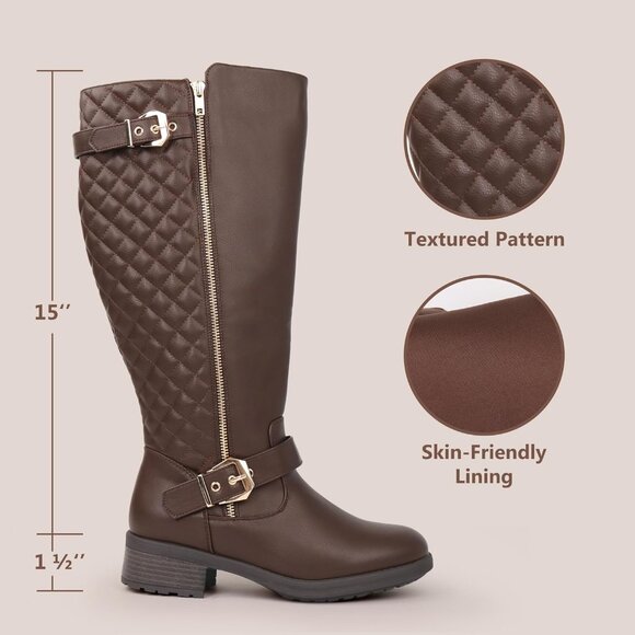 Extra Wide Calf Knee High Riding Brown Boots Double Buckle Retro Chic Style - Picture 3 of 6